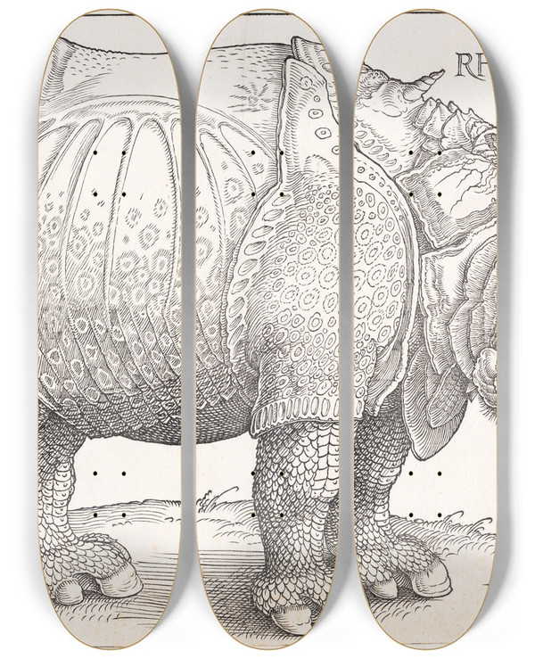 Triptych art skateboard deck of Albrecht Drer The Rhinoceros by Albrecht Durer (1471-1528)