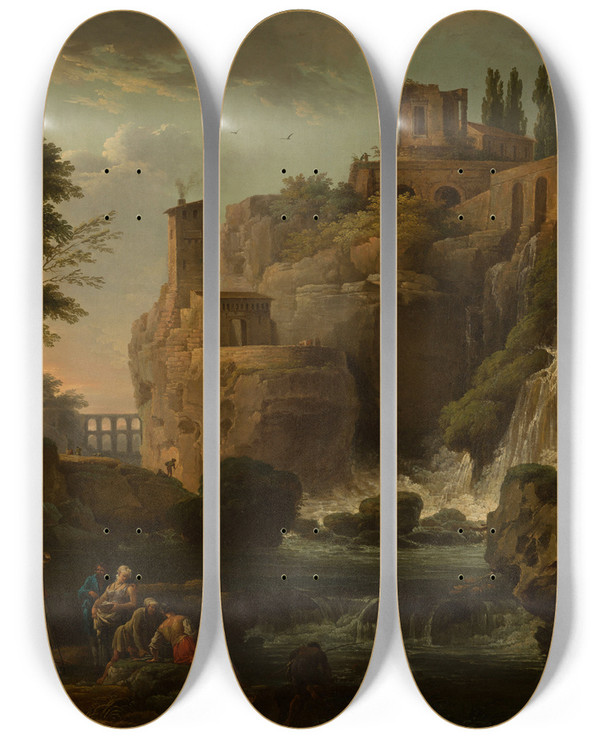 Triptych art skateboard deck of Claudejoseph Vernet Les Cascatelles De Tivoli by Claude Joseph Vernet (1714-1789)