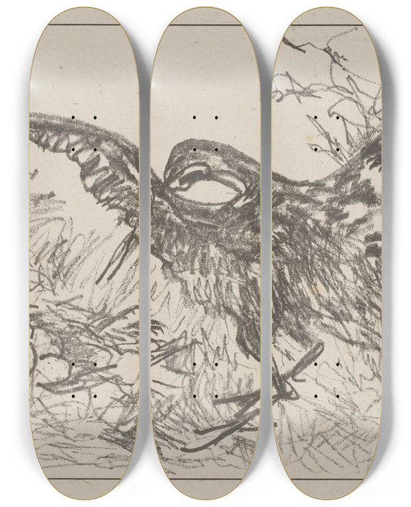 Triptych art skateboard deck of Theo Van Hoytema Tureluur Bij Nest by Theo Van Hoytema (1863-1917)