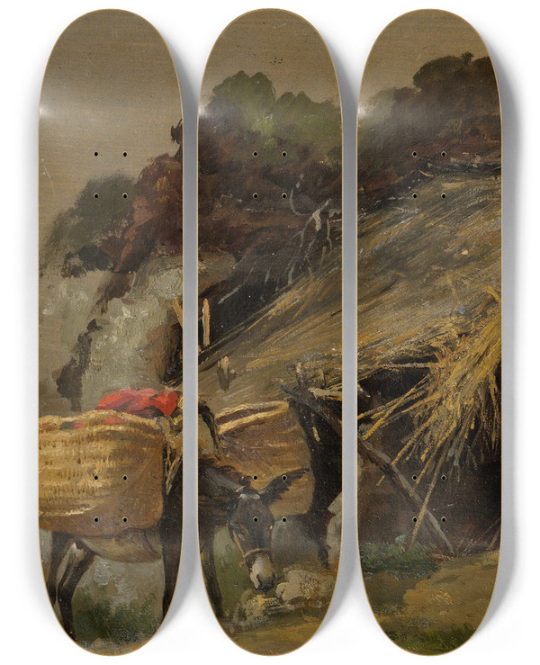 Triptych art skateboard deck of Julie Wilhelmine Hagenschwarz Italian Landscape With A Donkey by Julie Wilhelmine Hagen-Schwarz (1824-1902)