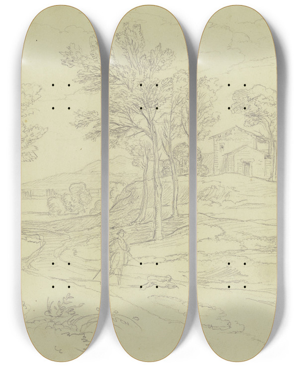Triptych art skateboard deck of Joseph Anton Koch Italian Landscape by Joseph Anton Koch (1768-1839)