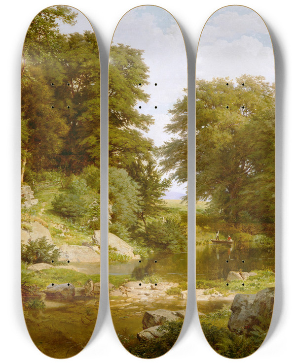 Triptych art skateboard deck of William Trost Richards Woodland Brook by William Trost Richards (1833-1905)