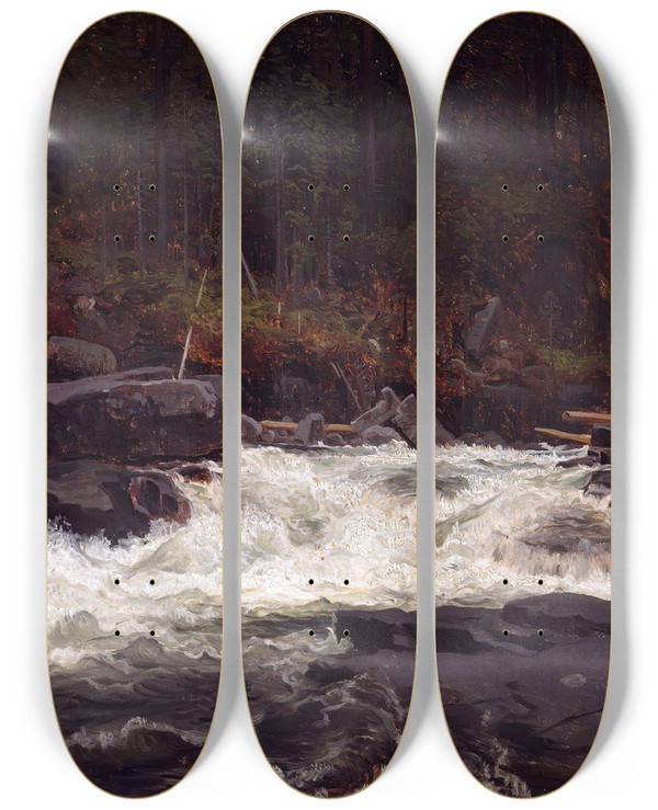 Triptych art skateboard deck of August Cappelen Waterfall In Telemark Study For Invno 427 by August Cappelen (1827-1852)