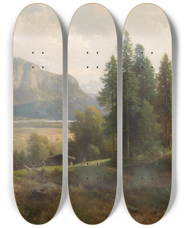 Triptych art skateboard deck of Ludwig Sckell Partie Am Kochelsee by Ludwig Sckell (1833-1912)