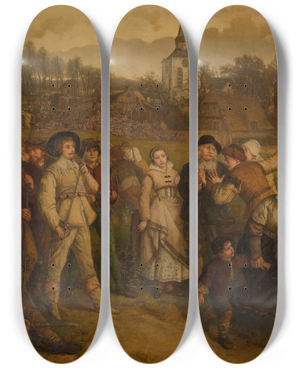 Triptych art skateboard deck of Joseph Lies The Enemy Approaches by Joseph Lies (1821-1865)