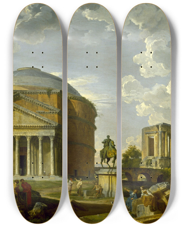 Triptych art skateboard deck of Giovanni Paolo Panini Fantasy View With The Pantheon And Other Monuments Of Ancient Rome_1 by Giovanni Paolo Panini (1691-1765)