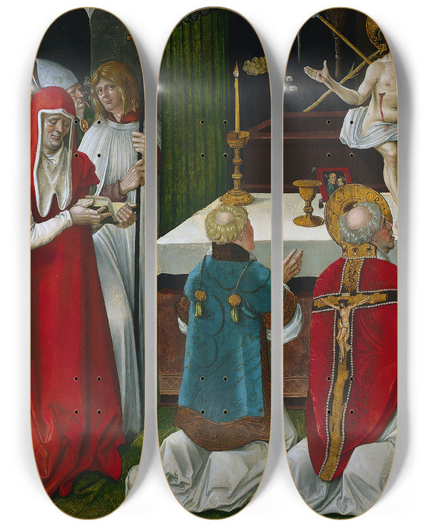 Triptych art skateboard deck of Hans Baldung The Mass Of Saint Gregory by Hans Baldung (1484-1545)