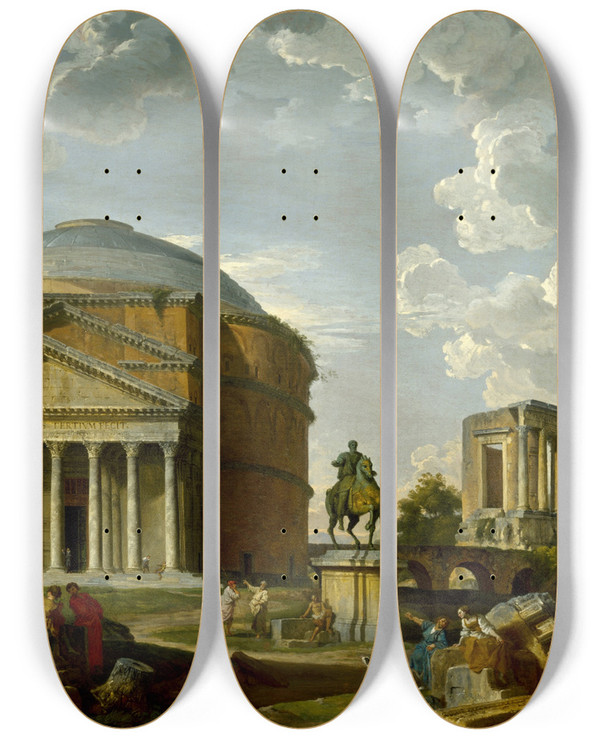 Triptych art skateboard deck of Giovanni Paolo Panini Fantasy View With The Pantheon And Other Monuments Of Ancient Rome_2 by Giovanni Paolo Panini (1691-1765)