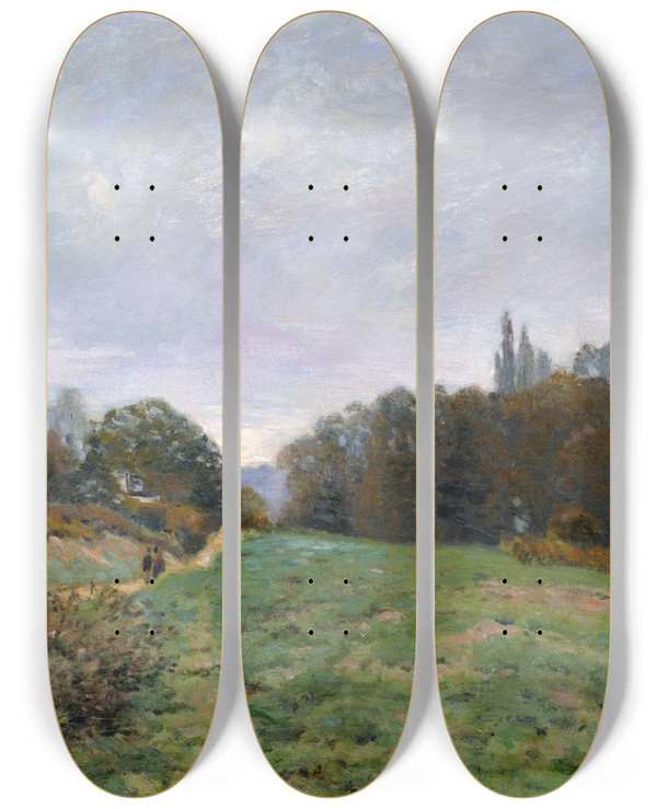 Triptych art skateboard deck of Alfred Sisley Landscape At Louveciennes by Alfred Sisley (1840-1899)