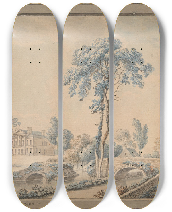 Triptych art skateboard deck of John James Barralet View Of Lucan House by John James Barralet