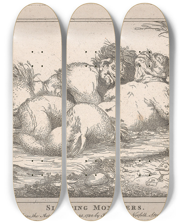 Triptych art skateboard deck of John Hamilton Mortimer Sleeping Monsters by John Hamilton Mortimer (1740-1779)