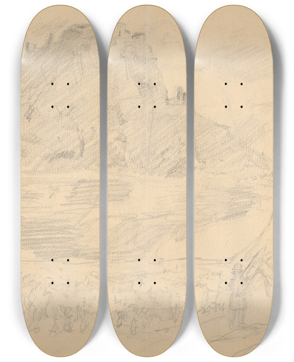 Triptych art skateboard deck of Gustv Mall Below Devn by Gustav Mally (1879-1952)