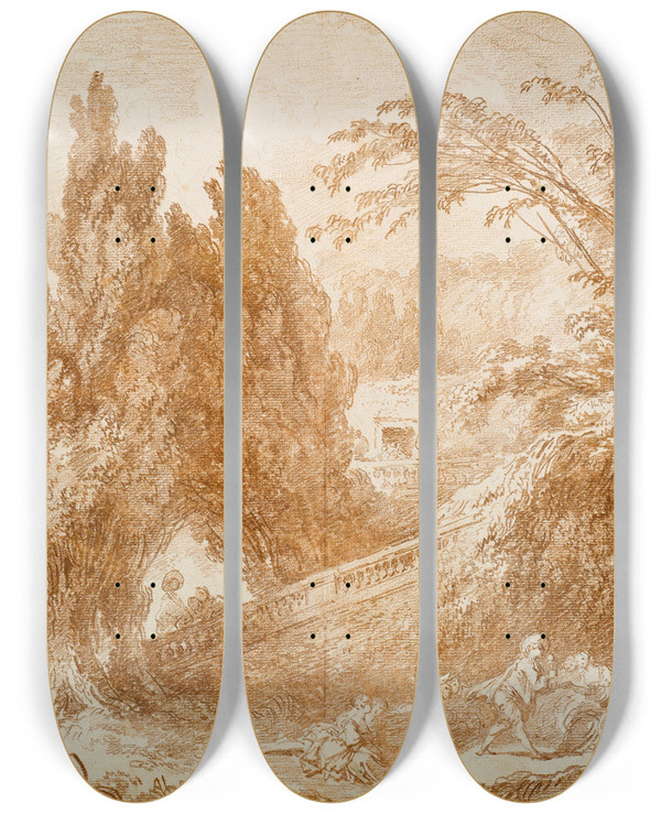 Triptych art skateboard deck of Jeanhonor Fragonard Park Landscape With A Cheerful Gathering by Jean-Honor Fragonard (1732-1806)