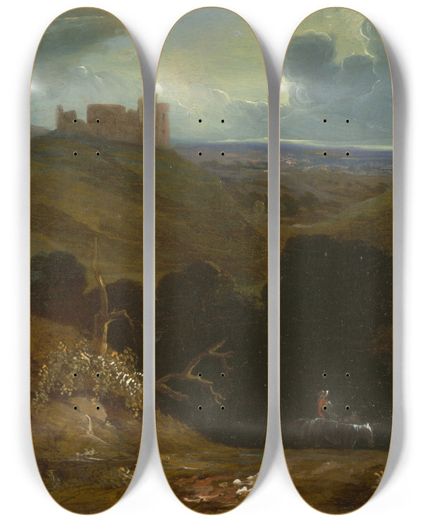 Triptych art skateboard deck of John Martin Landscape With A Castle by John Martin (1789-1854)