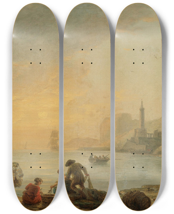 Triptych art skateboard deck of Claudejoseph Vernet Sunrise With Fishermen by Claude Joseph Vernet (1714-1789)