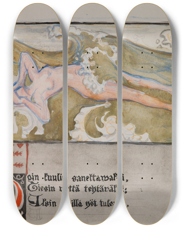 Triptych art skateboard deck of Akseli Gallenkallela The Great Kalevala Poem I A Sketch With Ilmatar by Akseli Gallen Kallela (1865-1931)