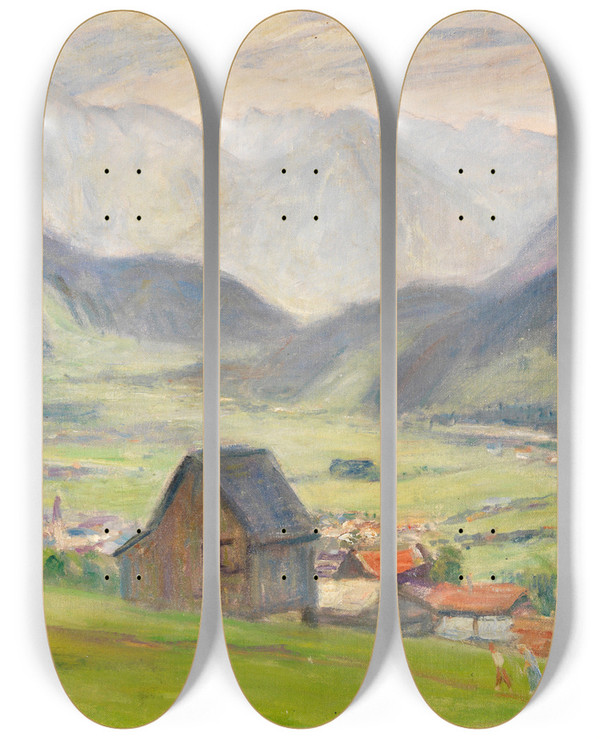 Triptych art skateboard deck of Otto Modersohn Blick Ins Tal Hindelang by Otto Modersohn (1865-1943)