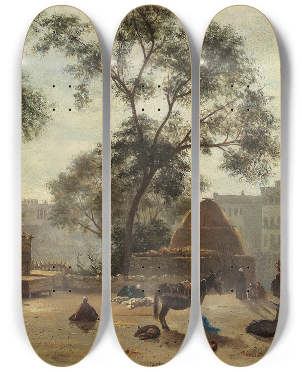 Triptych art skateboard deck of Paul Dominique Philippoteaux Market Scene At Choubra Cairo by Paul Dominique Philippoteaux