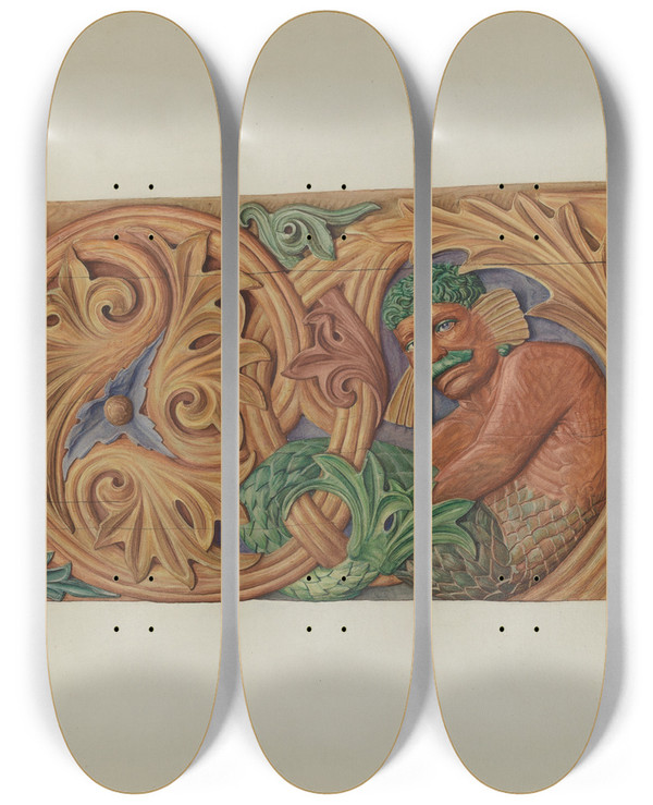 Triptych art skateboard deck of Laura Bilodeau Ornamental Woodcarving Stern Board by Laura Bilodeau