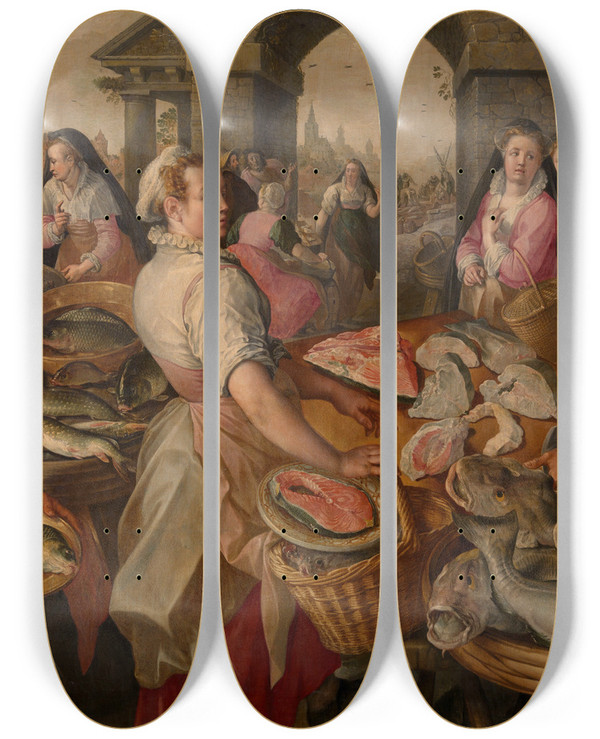 Triptych art skateboard deck of Joachim Beuckelaer Fish Market_2 by Joachim Beuckelaer (1530-1574)
