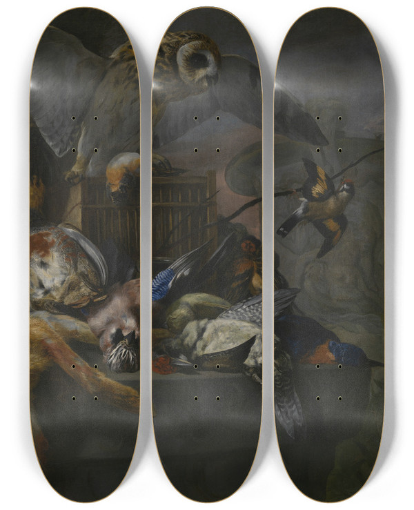 Triptych art skateboard deck of Pieter Boel Still Life With Owl by Pieter Boel (1622-1674)