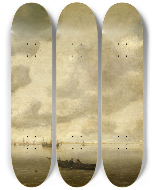 Triptych art skateboard deck of Hendrick Van Anthonissen At The Entrance Of The Harbour by Hendrick Van Anthonissen (1605-1655)