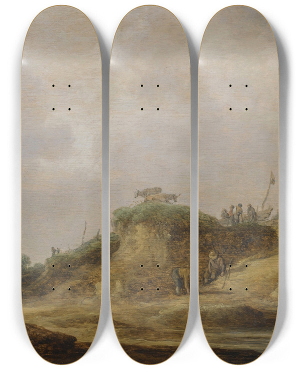 Triptych art skateboard deck of Jan Van Goyen A Dune Landscape With Herdsmen Tending Their Cattle by Jan Van Goyen (1596-1656)
