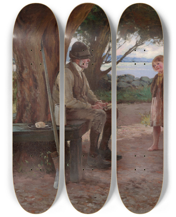 Triptych art skateboard deck of Howard Helmick The Storyteller by Howard Helmick (1845-1907)