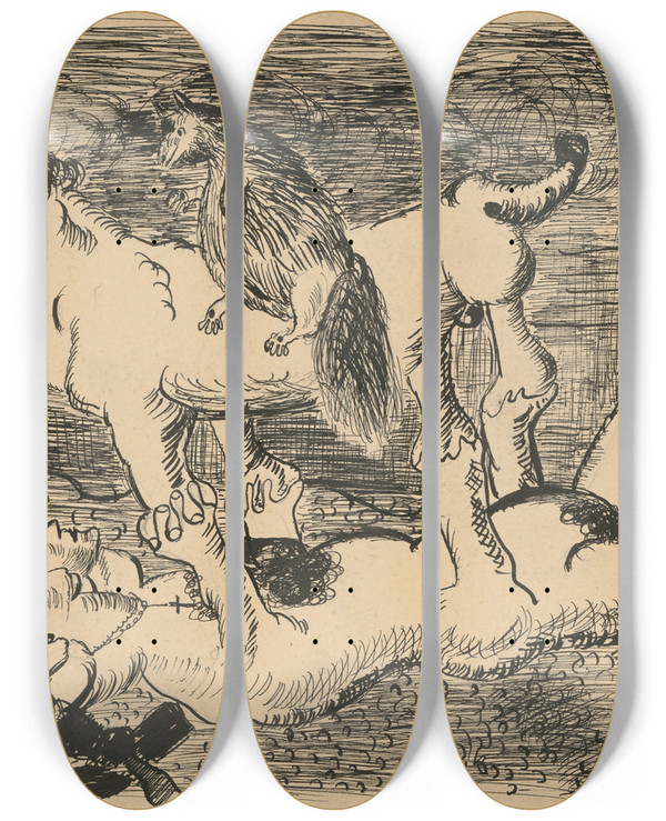Triptych art skateboard deck of Cyprin Majernk Dream by Cyprian Majernik (1909-1945)