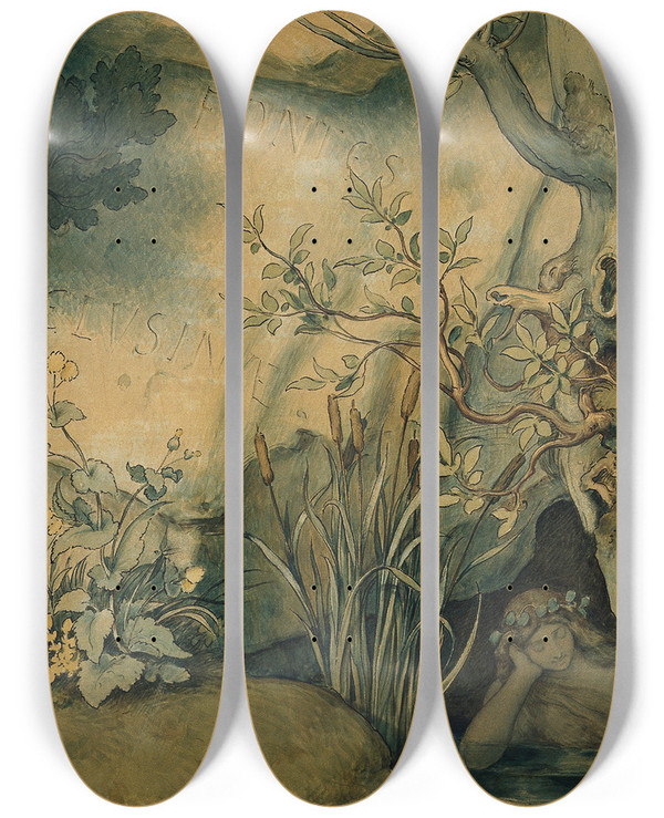 Triptych art skateboard deck of Moritz Von Schwind Die Schne Melusine I Fontes Melusinae Der Brunnen Der Melusina by Moritz Von Schwind (1804-1871)