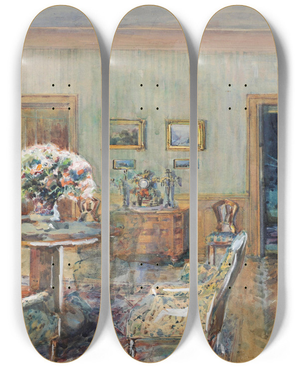 Triptych art skateboard deck of Hans Temple Saloninterieur by Hans Temple (1857-1931)