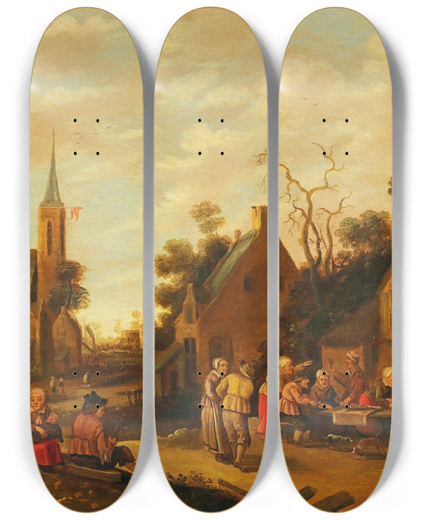 Triptych art skateboard deck of Joost Cornelisz Droochsloot Village Scene With Peasant Festivities by Joost Cornelisz Droochsloot (1586-1666)