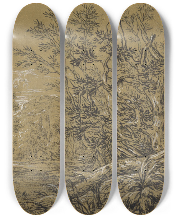 Triptych art skateboard deck of Jonas Umbach Stream Through An Ancient Forest by Jonas Umbach (1624-1700)
