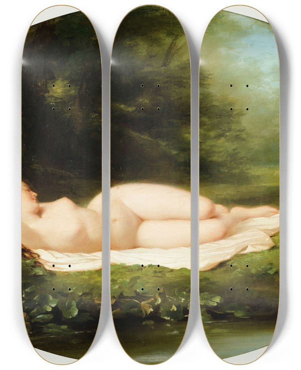Triptych art skateboard deck of Fritz Zuberbhler Bather Asleep by Fritz Zuber-Bhler (1822-1896)