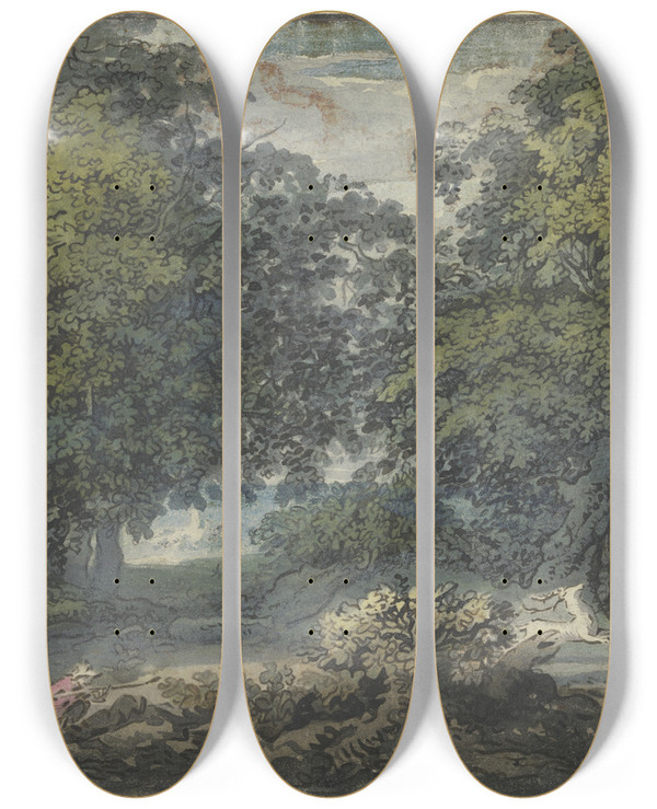 Triptych art skateboard deck of Jacob Van Liender Waldlandschaft Ein Mann Jagt Einen Weien Hirschen Bei Ihm Sitzt Eine Frau by Jacob Van Liender (1696-1759)