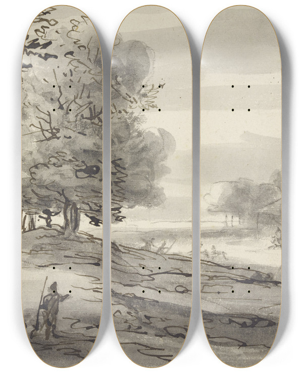 Triptych art skateboard deck of Roelant Roghman Landschaft Mit Einer Parforcejagd Links Eine Dame Zu Pferde Mit Einem Sonnenschirm by Roelant Roghman (1627-1692)