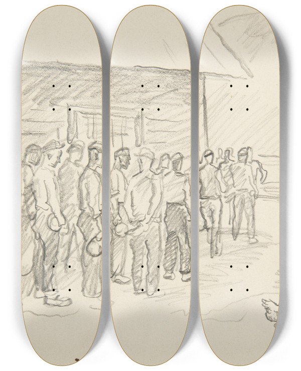 Triptych art skateboard deck of Ivan Ivanec Robotnicy Stojcy W Kolejce Po Posiek by Ivan Ivanec (1893-1946)