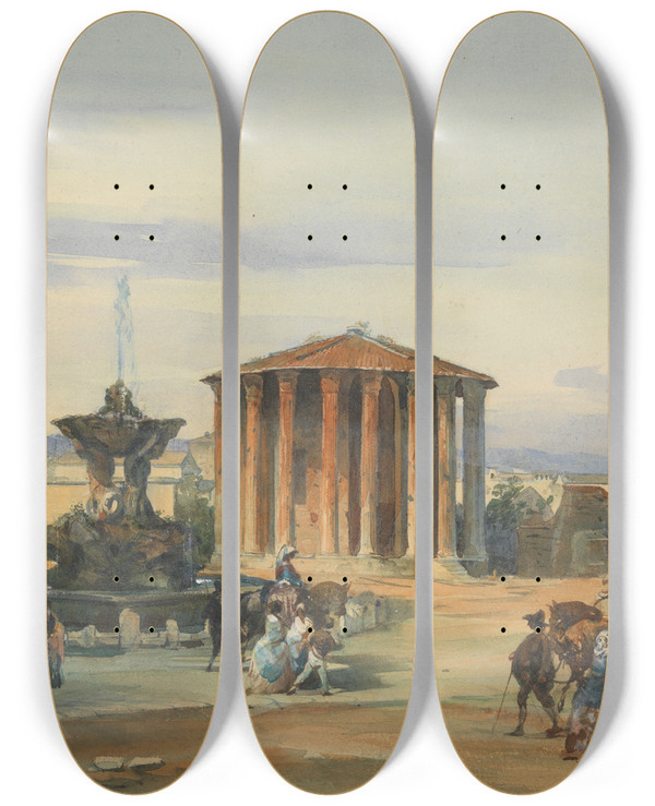 Triptych art skateboard deck of James Holland The Temple Of Vesta Rome by James Holland (1800-1870)