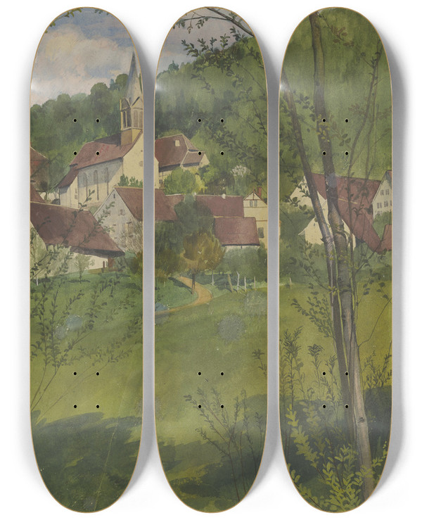 Triptych art skateboard deck of Fritz Boehle Village At The Hillside by Fritz Boehle (1873-1916)