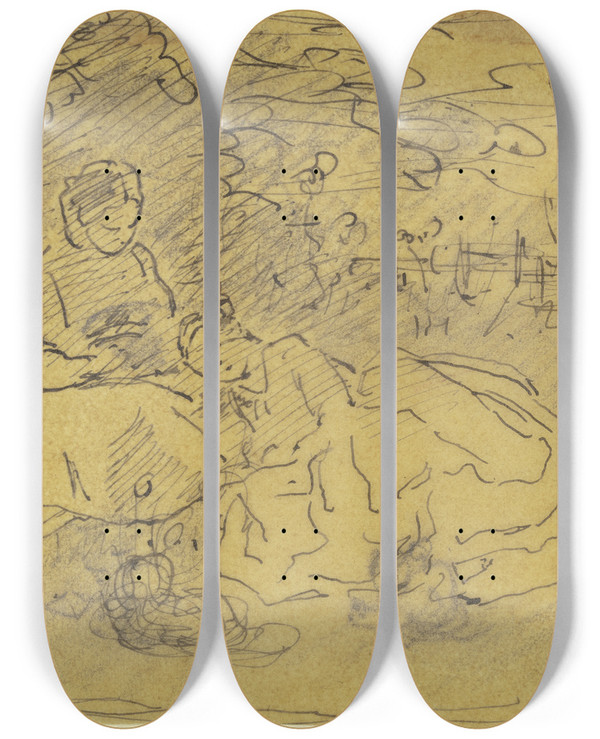 Triptych art skateboard deck of Philipp Rumpf Zwei Frauen Im Freien Lagernd by Philipp Rumpf (1821-1896)