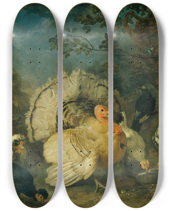 Triptych art skateboard deck of Franz Werner Von Tamm Hausgeflgel Und Kaninchen by Franz Werner Tamm (1658-1724)