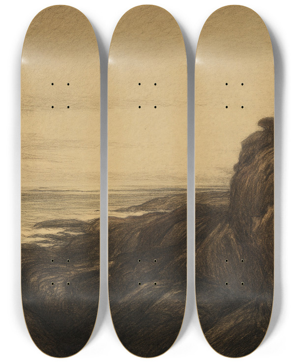 Triptych art skateboard deck of Karl Nordstrm Coastal Cliffs by Karl Nordstrom (1855-1923)