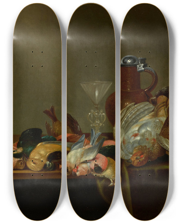 Triptych art skateboard deck of Cornelis Mahu Still Life With Game Birds by Cornelis Mahu (1613-1689)