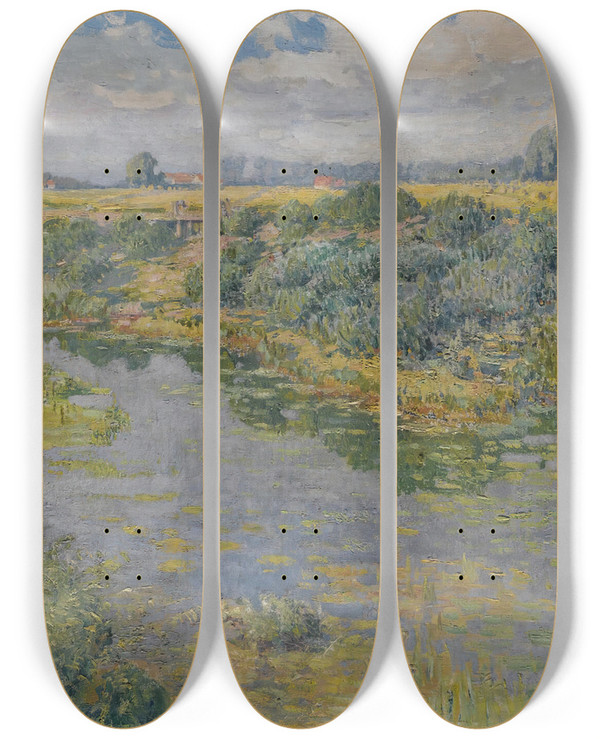 Triptych art skateboard deck of Vclav Radimsky River Landscape by Vaclav Radimsky (1867-1946)