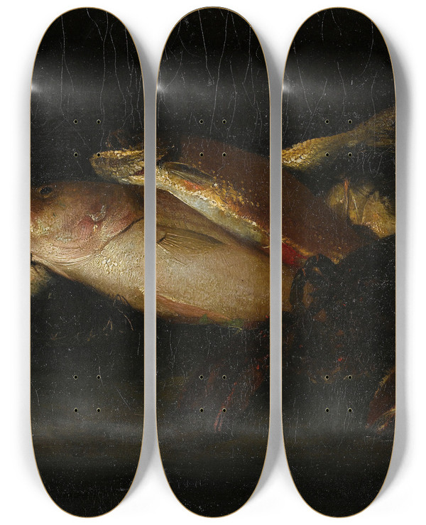 Triptych art skateboard deck of William Merritt Chase Still Life With Fish by William Merritt Chase (1849-1916)