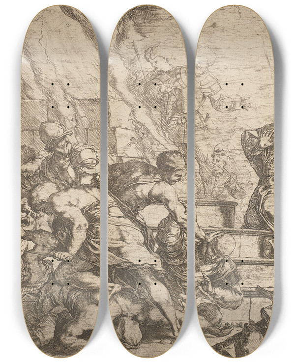 Triptych art skateboard deck of Luca Giordano The Sacrifice Of Elijah by Luca Giordano (1634-1705)