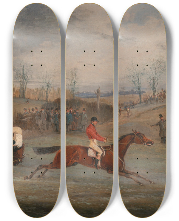 Triptych art skateboard deck of Henry Thomas Alken Scenes From A Steeplechase Near The Finish by Henry Thomas Alken (1785-1851)