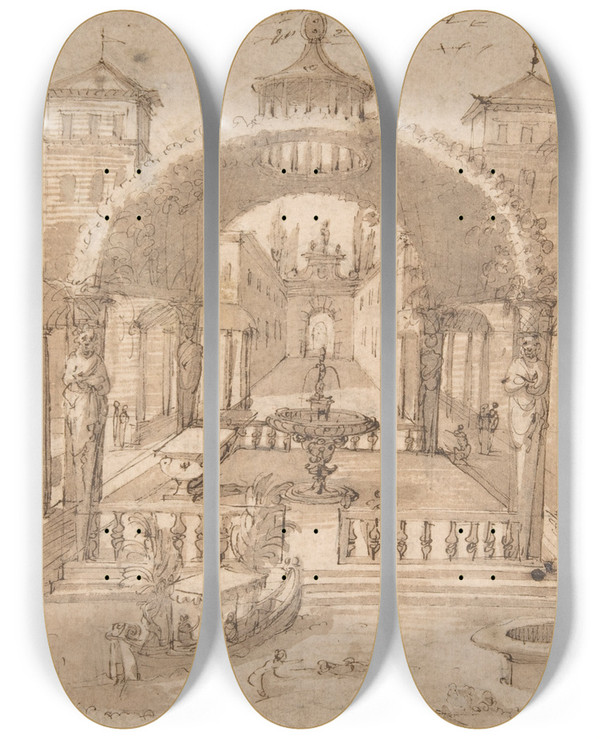 Triptych art skateboard deck of Lodewijk Toeput View Of The Gardens Of A Palace by Lodewijk Toeput (1550-1605)