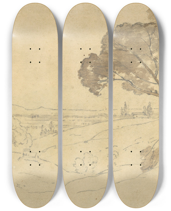 Triptych art skateboard deck of Joseph Wright Of Derby Landscape With Distant Buildings_2 by Joseph Wright Of Derby (1734-1797)