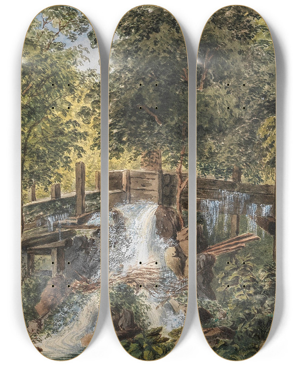 Triptych art skateboard deck of Gustav Barbarini Waldstck Mit Einer Hlzernen Bachruine by Gustav Barbarini (1840-1909)